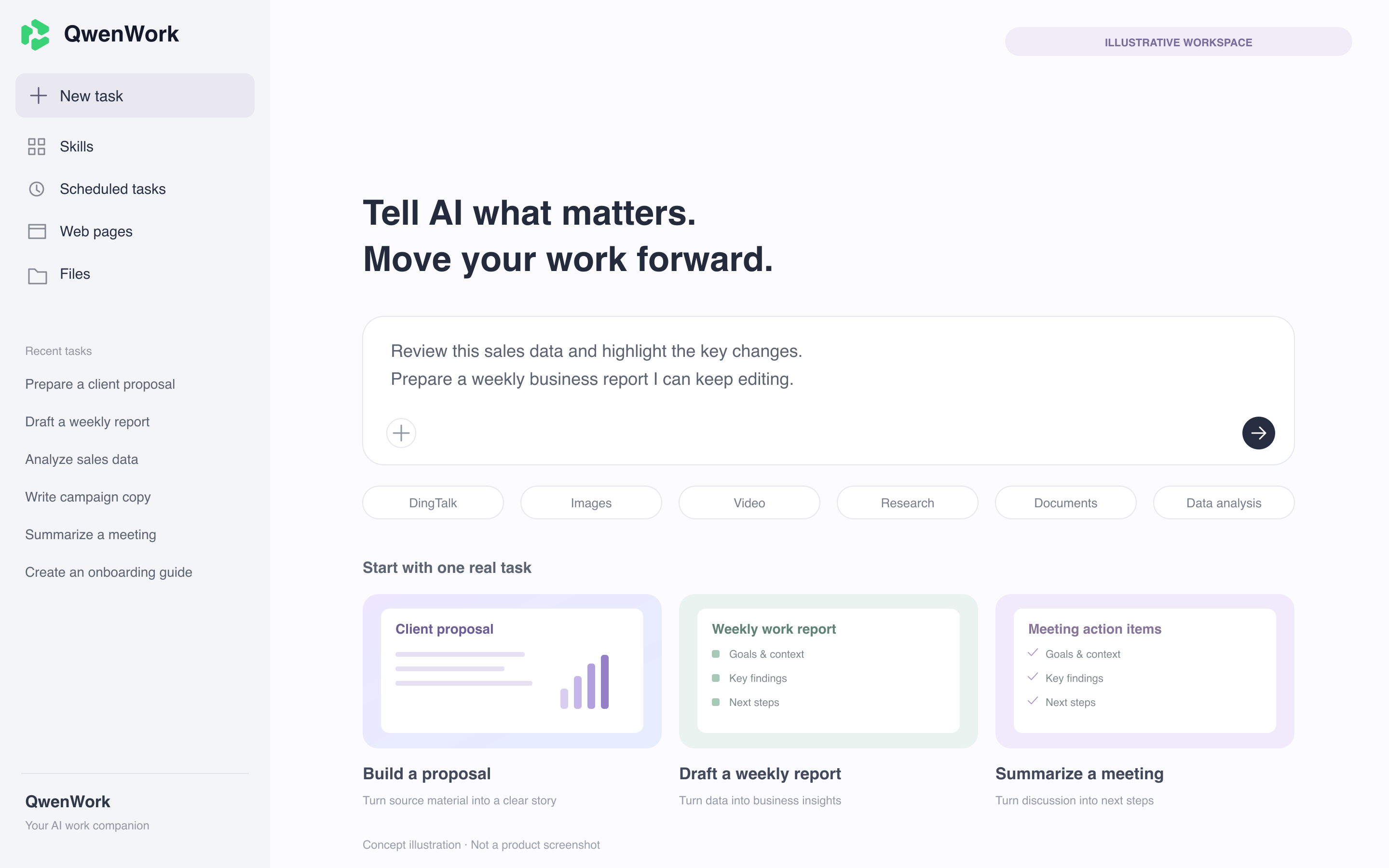 QwenWork workspace concept illustration, not a product screenshot