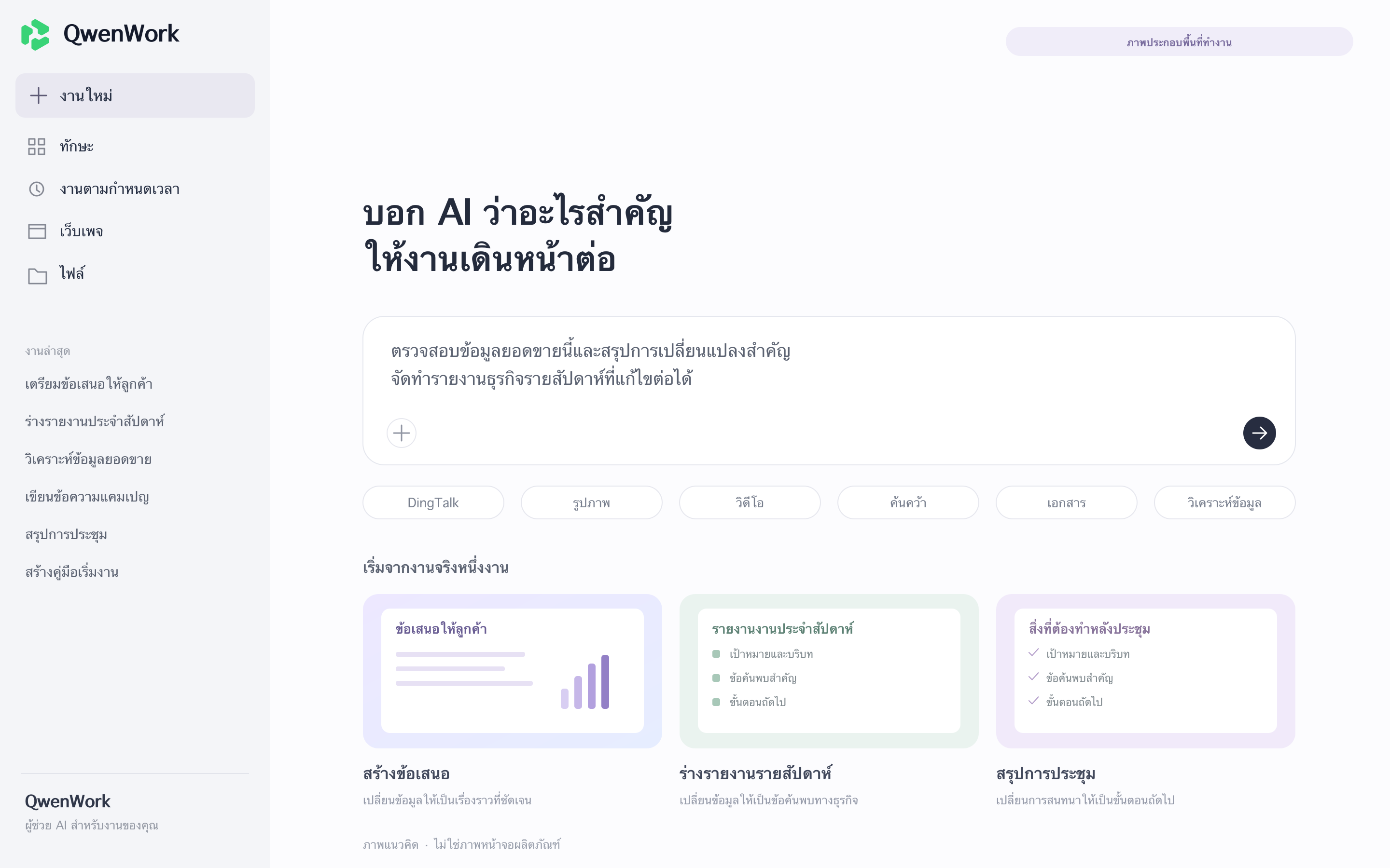 ภาพประกอบความสามารถของพื้นที่ทำงาน QwenWork ไม่ใช่ภาพหน้าจอผลิตภัณฑ์จริง